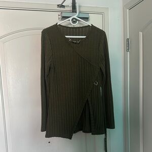 SHEIN Green Ribbed Asymmetrical Long Sleeve Blouse